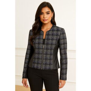 Lafayette 148 NY Tweed Jacket Womens Gray Shimmer Black Plaid Blazer Wool Blend